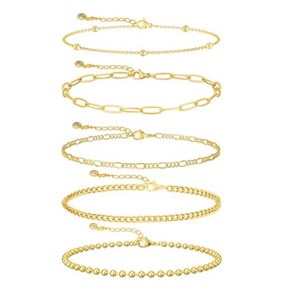 MFRYK Gold/Silver Bracelets For Women,Trendy 14k Gold/Silver Plated lightweight Dainty Chunky Thin Cuban Link Paperclip Chain Tennis Bangle Bracelets Stack Set,Ring Hand Chain Bracelet,Gold Jewelry Gift For Women Fashion Accessories - style: 5Pcs thin cub