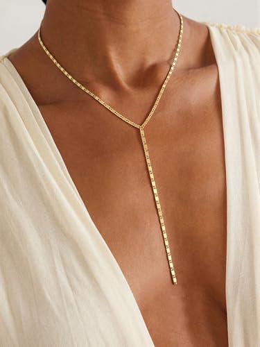Lariat Gold Necklace for Women, Dainty Long Necklaces 14k Gold Plated Y-Shaped Layered Drop Necklaces for Women Trendy Simple Gold Jewelry for Prom Vacation Gifts - color: Long Y Necklace-Gold