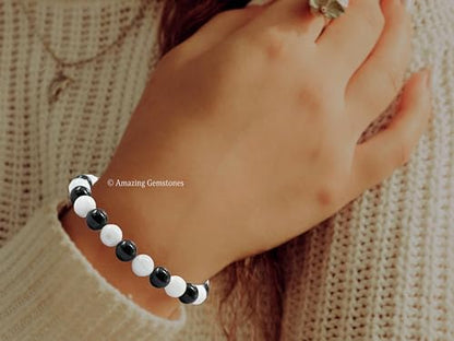 Amazing Gemstone Black Tourmaline Selenite Crystal Bracelet for Women Men's Gifts - Protection Healing Crystal Bracelet - 8mm Gemstone Beaded Stretchable Bracelet Pulseras Para Hombres Mujer Stocking Stuffers Mothers Day Gift - color: Black Tourmaline Sel
