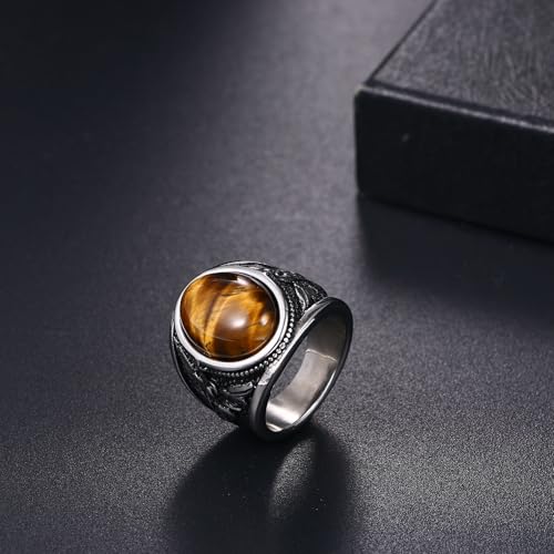 OIDEA Signet Rings for Men: St Michael The Great Protector Archangel Defeating Satan Figurine Amulet Ring Biker Rings - color: Tiger Eye