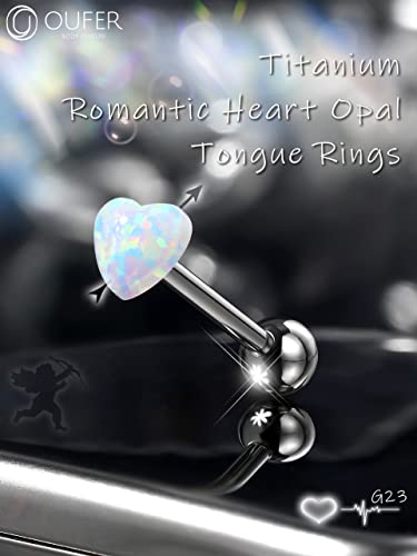 OUFER Titanium Tongue Rings - Heart Piercing Jewelry with White Opal