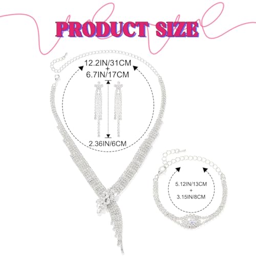 Sixexey Rhinestone Bridal Jewelry Set Prom Necklace Earrings Sparkly Wedding Jewelry Accessories for Women - color: Silver