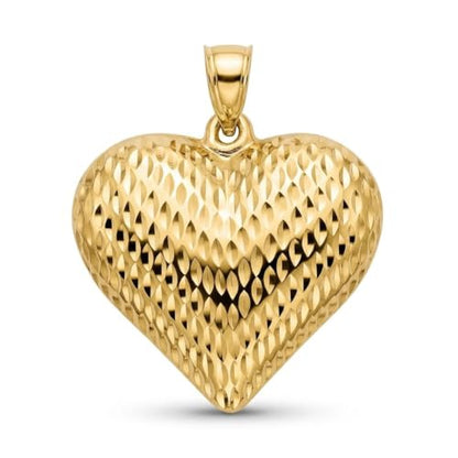 Gold Puffed Heart Charm - 14/10 Karat Gold - High Polish Diamond-Cut Pendant - 3D Jewelry - Great for Gifts - size: Large