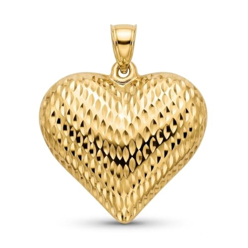 Gold Puffed Heart Charm - 14/10 Karat Gold - High Polish Diamond-Cut Pendant - 3D Jewelry - Great for Gifts - size: Large