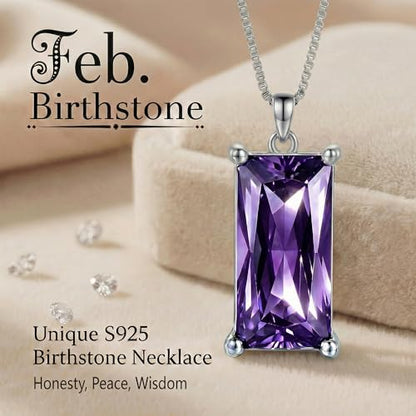 8mm x 16mm Square Birthstone Pendant Necklace – Fashion charming Sterling Silver Gift for women - color: February