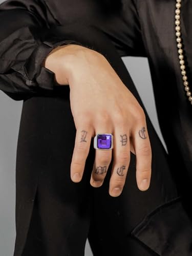 KeyStyle Square Gemstone Signet Rings for Men, Personalized Stainless Steel Pinky Ring with Black Onxy Blue Topaz Birthstone Statement Ring - color: 316L Stainless Steel-Custom Stone-15mm