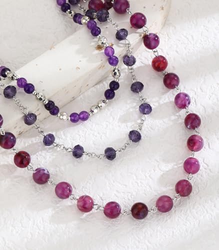 Noessla Layered Beaded Necklaces for Women - 3 Strand Boho Statement Choker Fashion Jewelry Gifts - color: Purple