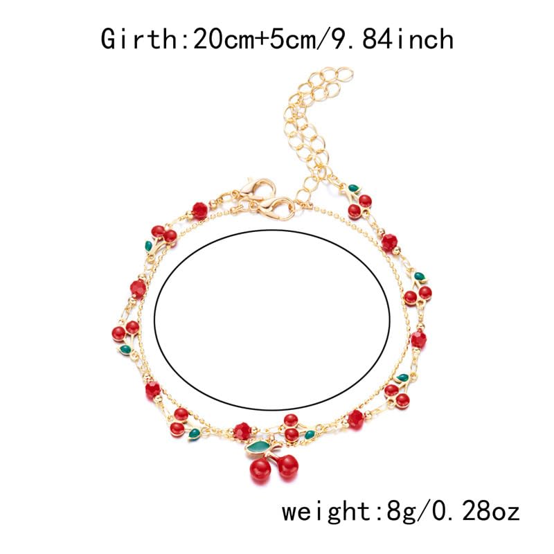 Tiny Red Cherry Fruit Necklace Bracelet Anklet Sweet Cherry Pendant Double Layered Gold Chain - color: red cherry bracelet