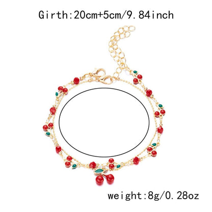 Tiny Red Cherry Fruit Necklace Bracelet Anklet Sweet Cherry Pendant Double Layered Gold Chain - color: red cherry bracelet