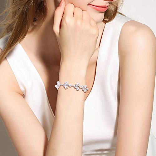 EVER FAITH Cubic Zirconia Pearl Bridal Prom Tennis Bracelet for Women | Elegant Pear CZ Wedding Jewelry Gift, for Bride Bridesmaid - style: Leaf_Silver-Plated-Brass