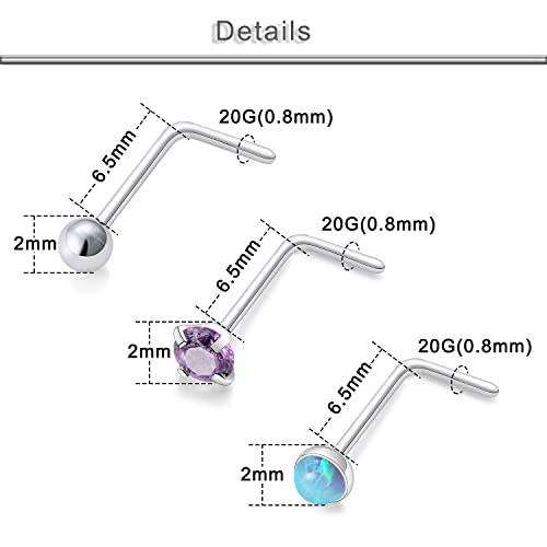 20G 18G 16G Cubic Zirconia Nose Rings Studs 316L Surgical Steel Hypoallergenic Nose Piercings Jewelry for Women Men CZ 2mm-3mm 24 Pcs - color: A:20G L Shaped + Silver Tone