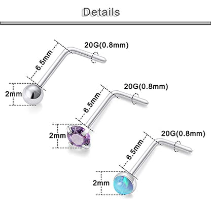 20G 18G 16G Cubic Zirconia Nose Rings Studs 316L Surgical Steel Hypoallergenic Nose Piercings Jewelry for Women Men CZ 2mm-3mm 24 Pcs - color: A:20G L Shaped + Silver Tone