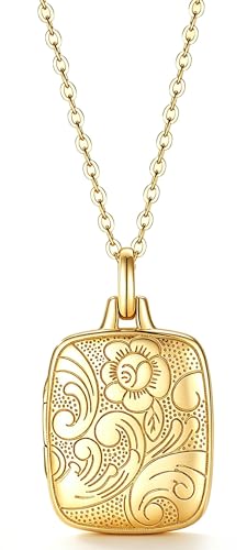 YOUFENG Love Heart Locket 14K Gold-Filled Oval Circle Rectangle Lockets that Hold Pictures Floral Patterns Necklace for Women - style: Gold Rectangle
