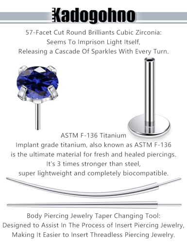 F136 Titanium 20/18/16g Internally Threaded Medusa Monroe Lip Ashley Labret Nose Rings Flat Back Tragus Helix Cartilage Conch Screw Stud Earrings Surgical Steel Piercing Jewelry for Women - color: Blue CZ, size: 16g*5/16in