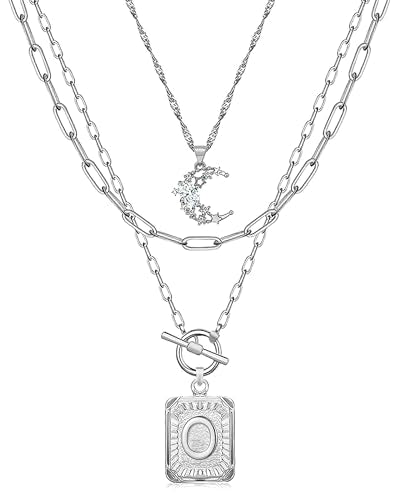 MJartoria Layered Initial Necklaces for Women Trendy, 14K Gold Plated Brass Simple Moon Choker Square Letter Pendant Necklace, Paperclip Chain Necklaces Jewelry Gifts - color: Silver, style: O