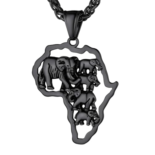GOLDCHIC JEWELRY Africa Map Necklace for Men, Stainless Steel African Tribal/Egyptian Eye of Horus/I LOVE AFRICA/Elephant Map Hiphop Jewelry Unisex with 22'+2'Adjustable Chain - color: Elephant - Black, style: No Customization