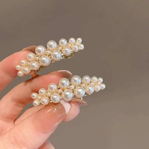 Pearl Hair Clips for Women, Fancy Gold Barrettes, Elegant Pearl Hair Accessories, Small Decorative Dressy French Barrettes for Wedding Bridal Parties Banquets Proms Formal Casual Outfits 2 Pack