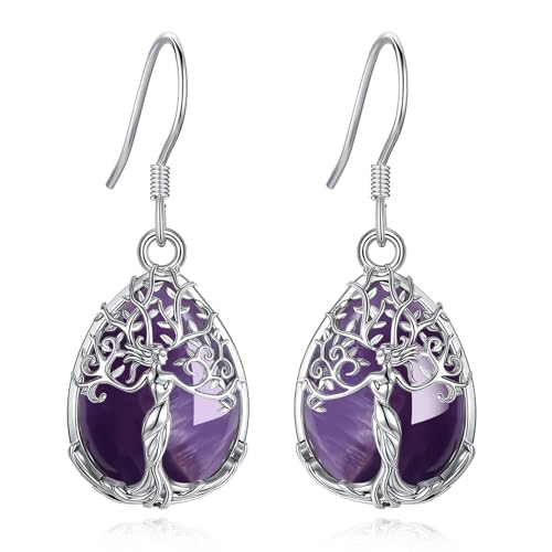 AEONSLOVE Tree of Life Crystal Earrings with Sterling Silver Ear Hooks, Dangle Drop Tree Earrings Gifts for Women - style: A01-Amethyst-Teardrop