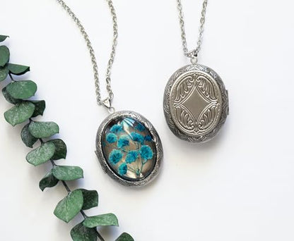 Handmade Oval Shaped Photo Locket with dried Pressed Flowers Locket pendant Necklace - style: Blue Baby's Breath-Silver