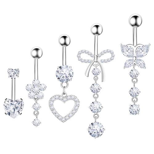 BSJ4U Belly Button Ring Dangle Navel Belly Piercing Jewelry Cute Pink CZ Heart Butterfly Bow Flower Navel Belly Rings for Women 14G Silver Stainless Steel Dainty Dangly Dangling Belly Button Piercing - color: Clear CZ Belly Button Rings