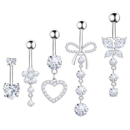 BSJ4U Belly Button Ring Dangle Navel Belly Piercing Jewelry Cute Pink CZ Heart Butterfly Bow Flower Navel Belly Rings for Women 14G Silver Stainless Steel Dainty Dangly Dangling Belly Button Piercing - color: Clear CZ Belly Button Rings
