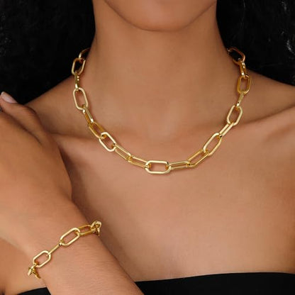 KesaPlan Gold Chain Necklace Bracelet and Earrings for Women Silver Chunky Jewelry Set, 14K Gold Plated Ladies Dainty and Chunky Chain Link Paperclip Jewelry Set for Women Gifts - style: Paperclip Set Gold 3