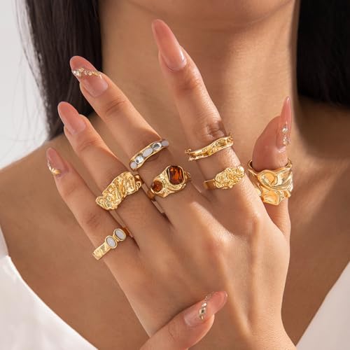 Gold Rings for Women Non Tarnish Boho Stackable Adjustable Open Rings Set Finger Knuckle Stacking Ring Packs Jewelry Gift - color: Gold Chunky Rings 7Pcs