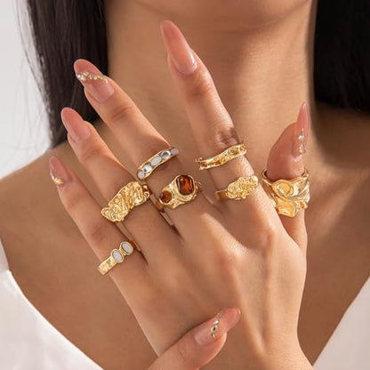 Gold Rings for Women Non Tarnish Boho Stackable Adjustable Open Rings Set Finger Knuckle Stacking Ring Packs Jewelry Gift - color: Gold Chunky Rings 7Pcs