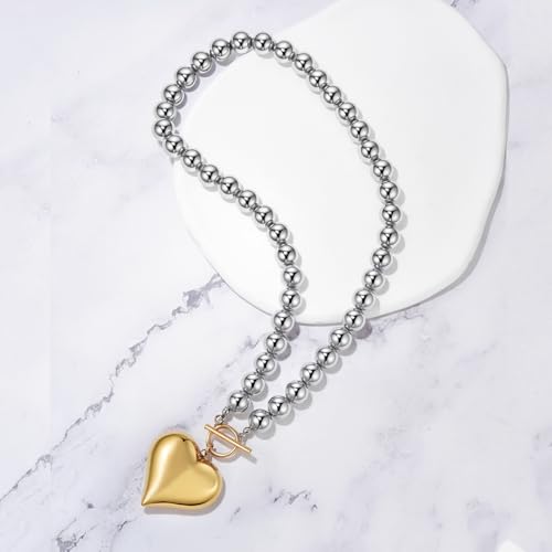 NUZON Sunburst Heart / 2-Tone Interlocking/CZ Evil Eye/Single Pearl/Love Heart Pendant Necklace for Women 14K Gold Chain Necklace Chunky Statement Jewelry - color: 2-Tone Heart