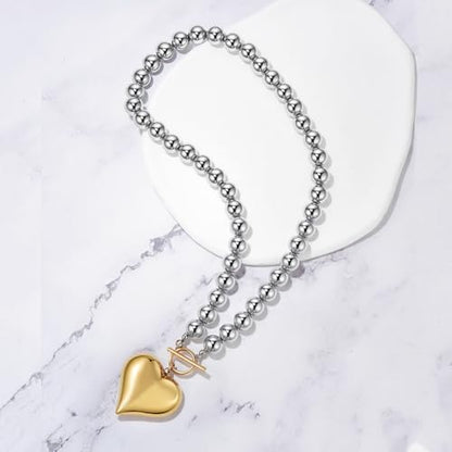 NUZON Sunburst Heart / 2-Tone Interlocking/CZ Evil Eye/Single Pearl/Love Heart Pendant Necklace for Women 14K Gold Chain Necklace Chunky Statement Jewelry - color: 2-Tone Heart