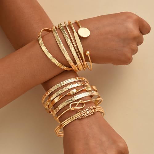 ÌF ME Gold Bangle Bracelets for Women, Indian Bangles Stackable Set, Multi Layer Textured 18K Gold Plated Chunky Bracelets Boho Jewelrys Set - style: B-12PCS adjustable Trendy bangles