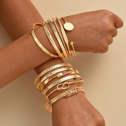 ÌF ME Gold Bangle Bracelets for Women, Indian Bangles Stackable Set, Multi Layer Textured 18K Gold Plated Chunky Bracelets Boho Jewelrys Set - style: B-12PCS adjustable Trendy bangles