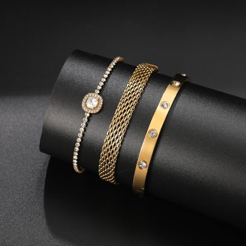 18K Gold Plated Bangle Bracelet Set for women,Cubic Zirconia Classic Stainless Steel Adjustable Gold Tennis Love Bracelets Stack for women and men - color: Stone Love Set