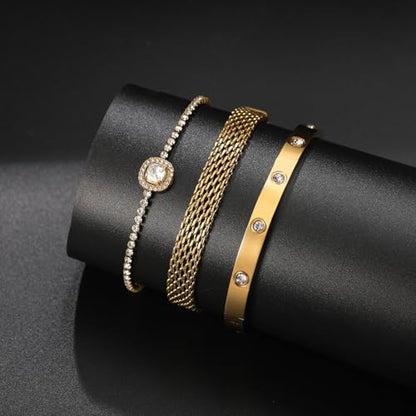 18K Gold Plated Bangle Bracelet Set for women,Cubic Zirconia Classic Stainless Steel Adjustable Gold Tennis Love Bracelets Stack for women and men - color: Stone Love Set