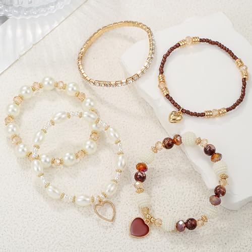 Bohemian Multilayered Faux Pearl Beaded Heart Pendant Crystal Zircon Stackable Multicolor Bracelets Set for Women Handmade Friendship Summer Beach Stretch Bangle Jewelry - color: brown