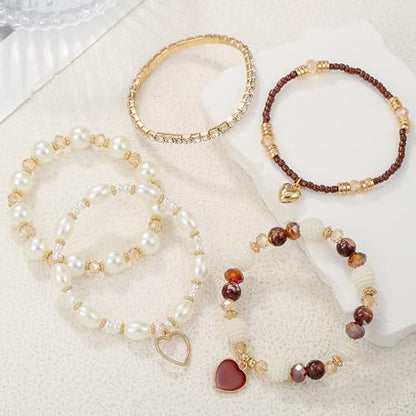 Bohemian Multilayered Faux Pearl Beaded Heart Pendant Crystal Zircon Stackable Multicolor Bracelets Set for Women Handmade Friendship Summer Beach Stretch Bangle Jewelry - color: brown