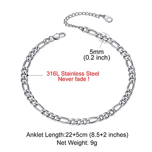 Adjustbale Link Chain Anklet for Women Summer Jewelry, 316L Stainless Steel Figaro/Wheat/Twist Rope/Cuban Foot Bracelet-Waterproof, Resizable 9"-12" (Gift Box Included) - color: 3, Figaro - Stainless Steel