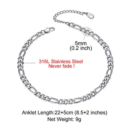 Adjustbale Link Chain Anklet for Women Summer Jewelry, 316L Stainless Steel Figaro/Wheat/Twist Rope/Cuban Foot Bracelet-Waterproof, Resizable 9"-12" (Gift Box Included) - color: 3, Figaro - Stainless Steel