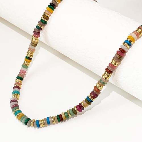 HAXIYA Colorful Beades Gemstone Necklace for Women Boho Beaded Choker | Rainbow Natural Stone Chunky Bead Surfer Summer Beach Necklaces Jewelry Hypoallergenic - color: Raibow+Gold