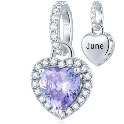 CHAWIN Birthstone Charms, 925 Sterling Silver Heart Dangle Charm, Sparkling CZ Compatible with Pandora Charm Bracelet, Necklace, Birthday Gifts for Women/Wife/Mother - style: 06# June