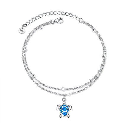 POPLYKE 925 Sterling Silver Double Layered Chain Evil Eye Daisy Sunflower Butterfly Anklets for Women Holiday Beach Crystal Ankle Bracelet Dainty Evil Eye Jewelry - style: Sea Turtle Anklet
