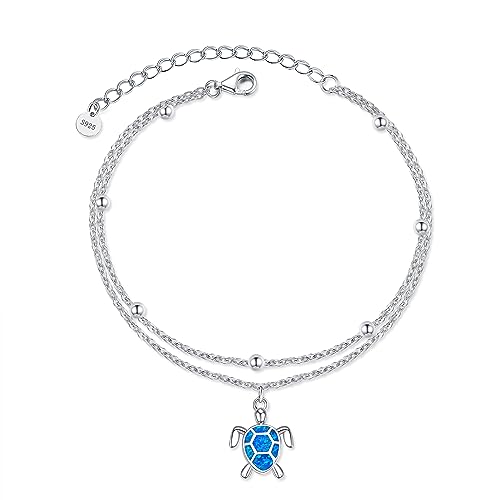 POPLYKE 925 Sterling Silver Double Layered Chain Evil Eye Daisy Sunflower Butterfly Anklets for Women Holiday Beach Crystal Ankle Bracelet Dainty Evil Eye Jewelry - style: Sea Turtle Anklet