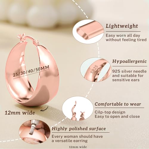 Senteria 12mm Wide Thick Sterling Silver Hoop Earrings Hypoallergenic | 14K Real Gold Plated Hoops Large Earring Lightweight Chunky Hoops Earring for Women Gift for Birthday Christmas 25/30/40/50MM - color: Rose Gold-25mm