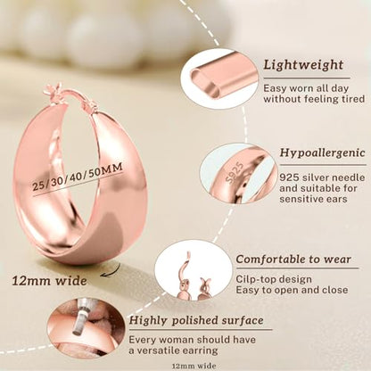 Senteria 12mm Wide Thick Sterling Silver Hoop Earrings Hypoallergenic | 14K Real Gold Plated Hoops Large Earring Lightweight Chunky Hoops Earring for Women Gift for Birthday Christmas 25/30/40/50MM - color: Rose Gold-25mm