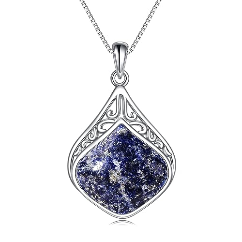 YAFEINI Teardrop Necklace Sterling Silver Filigree Irish Pendant Necklace Natural Stone Moonstone/Lapis Lazuli/Larimar/Moss Agate Necklace Jewelry - color: Light Lapis lazuli teardrop necklace