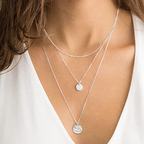 Aisansty Dainty Layered Choker Necklaces Handmade Coin Tube Star Pearl Pendant Multilayer Adjustable Layering Chain Gold Plated Necklaces Set for Women - color: Silver, style: Silver Disc&Moon