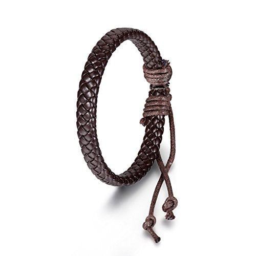 Flongo 2PCS Men's Womens Braided Black & Brown Leather Rope Woven Wrap Surfer Cuff Bracelets Set, Fit 7.6-10.6 inch Wrist