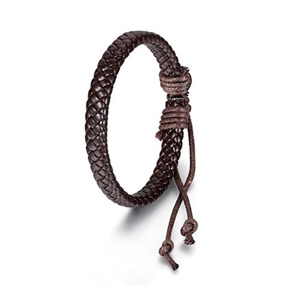 Flongo 2PCS Men's Womens Braided Black & Brown Leather Rope Woven Wrap Surfer Cuff Bracelets Set, Fit 7.6-10.6 inch Wrist