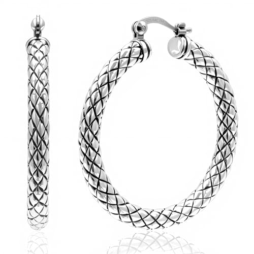 925 Sterling Silver Hypoallergenic Chunky Hoop Earrings for Women | Anti Tarnish Hoops in Various Styles by MAX + STONE - style: Crosshatched Hoops