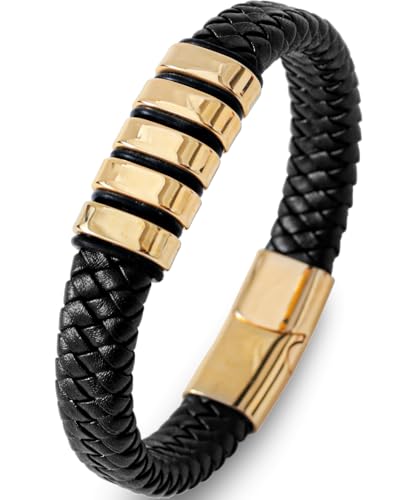 Stainless Steel Mens Bracelets - Black Leather Punk Cuff Jewelry - color: Gold plated
